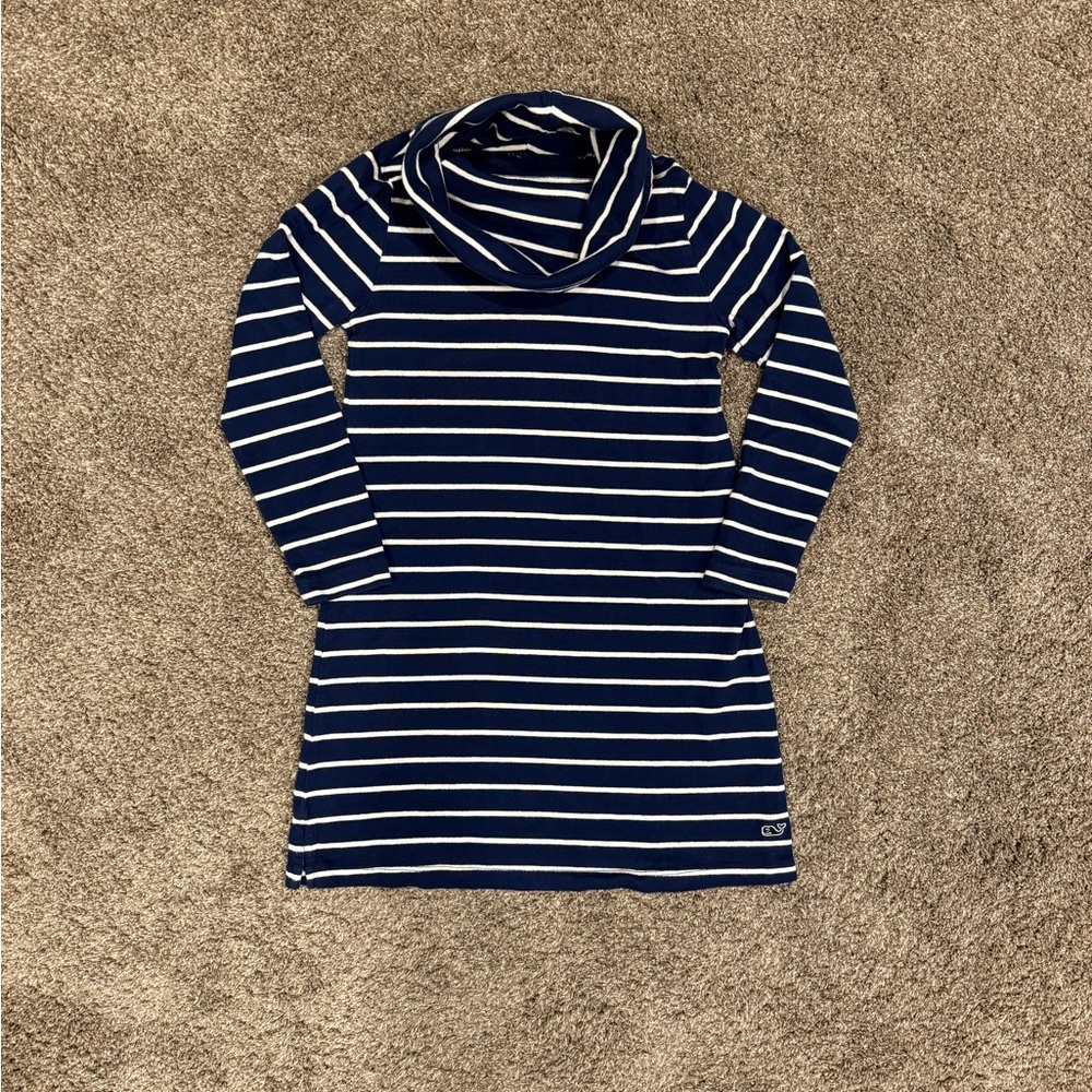 Vineyard Vines Navy and White Striped Dress, Long Sleeve, Cowl Neck, Girls Small